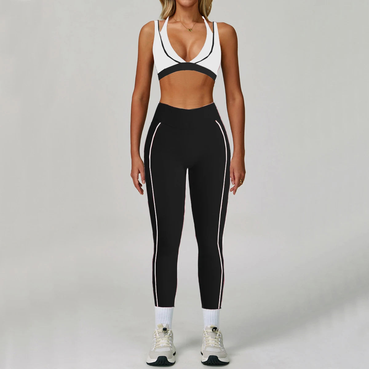 Pad 2PCS Yoga Set Sports Bras V-Neck Halter Pocket Fitness Workout Running Leggings Gym Woman Active Wear Clothing