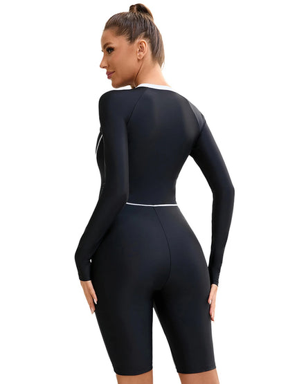 Rash Guard Suit Patchwork Sport One Piece Swimsuit For Women Zipper Long Sleeves Swimwear Female Professional Bathing Suits Beachwear