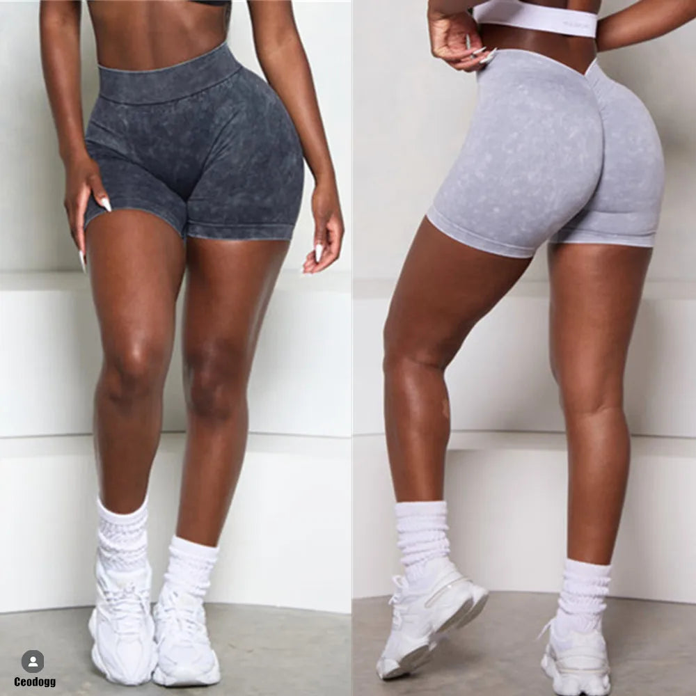 Washed Out Look Seamless High Stretch Sports Yoga Shorts Women V Back Hip Gym Cycling Elastic Tights Denim Design Active Exercise Shorts