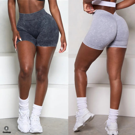 Washed Out Look Seamless High Stretch Sports Yoga Shorts Women V Back Hip Gym Cycling Elastic Tights Denim Design Active Exercise Shorts