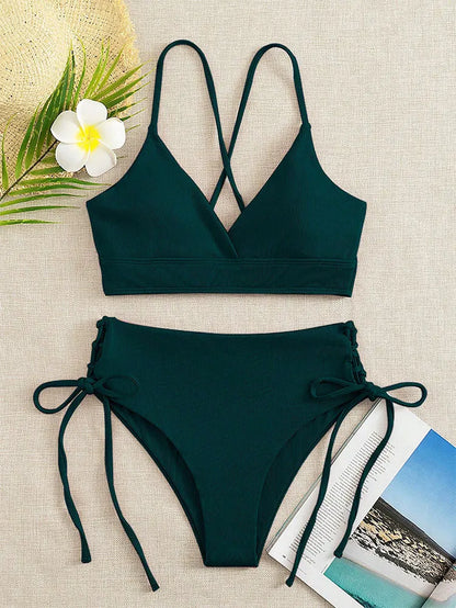 V-Neck Split Bikini Set for Women, Swimsuit, Lace Up, Triangular Bikinis, Solid Color, Beach Swimwear, Bathing Suit