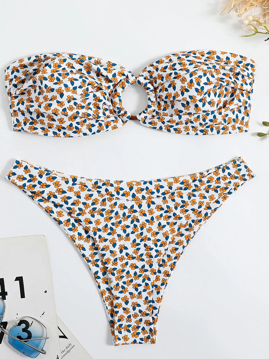 Floral Bikinis Bandeau Swimsuit for Woman Female Swimwear Women Thong Bikini Set Summer Swim Beach Wear Bathing Suits