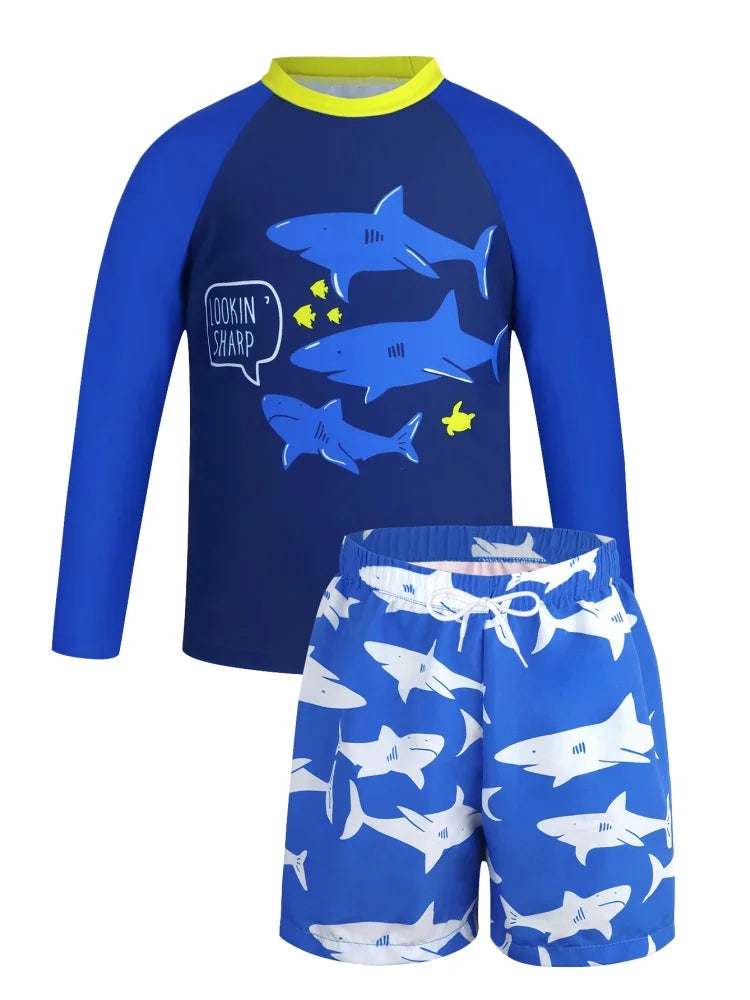Boy Kids Swimsuit Blue Cartoon Shark Long Sleeve Children Swimwear Summer Split 2 Piece Beachwear Bathing Suit Swimming