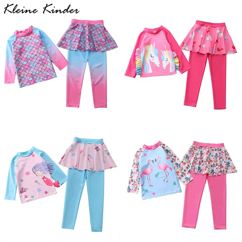 Unicorn Mermaid Kids Swimwear for Girls Long Sleeve Rash guard Pants Leggings Modest Children's Swimsuit Bathing Suit Beach Wear