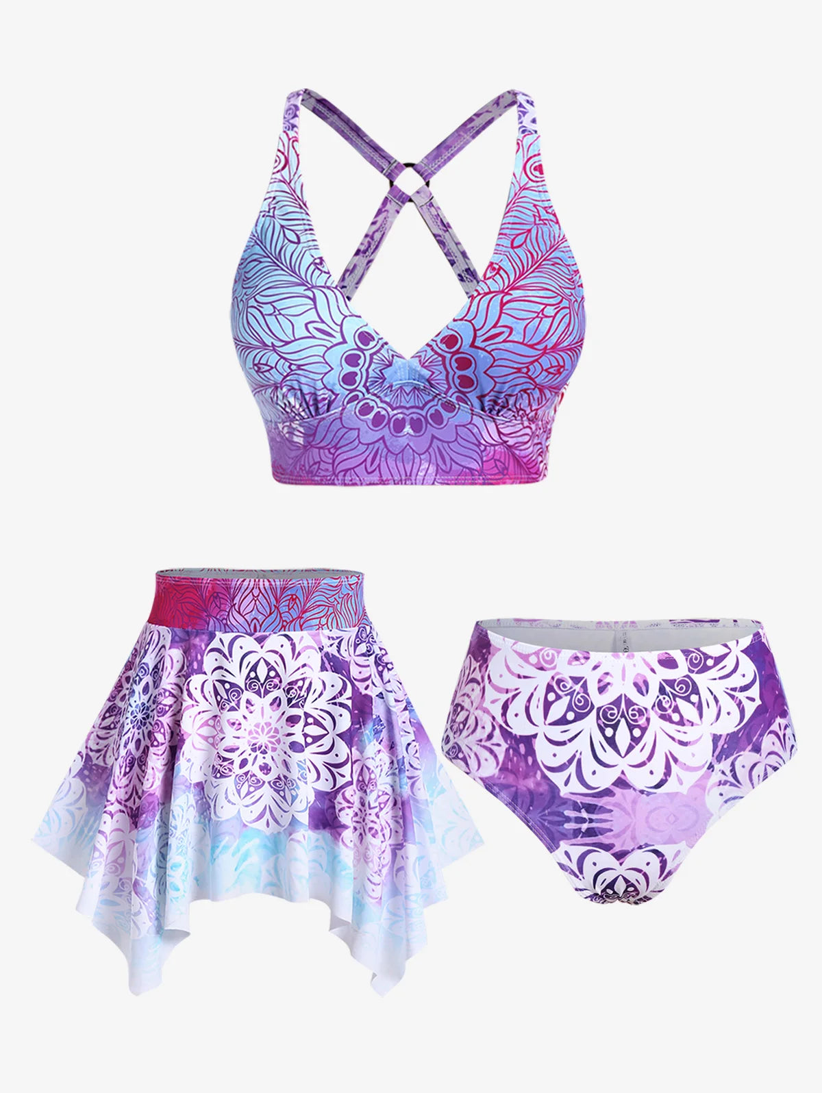 Plus Size Women's Three-Piece Padded Tankini Swimsuit Stripe Colo block Bikinis Set, Or Purple Ethnic Printed Swimwear