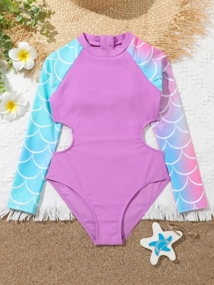 Girls One Piece Swimsuit with Long Sleeve Purple Blue Cut Out 7-12 Years Children's Swimwear Teens Bathing Suits for Kids