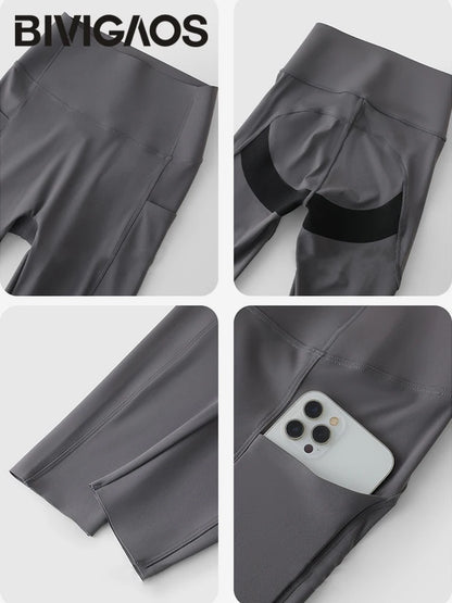 Pocket Yoga Sharkskin Bicycle Shorts Women Thin High Waist Push Up Light Feeling Sports  Fitness Cycling Shorts