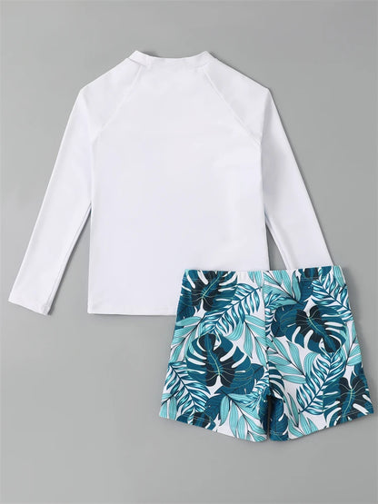 Boy Swimsuit Solid And Print Long Sleeve Children Swimwear Summer Kids Beach Wear Shorts Swimming Bathing Suit For Boys