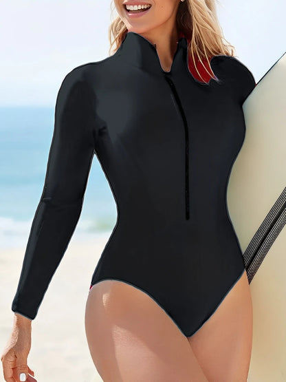 Red Slim Rush Guard Long Sleeve Surfing Swimsuit Women With Zipper Solid Swimwear Female Bathers Bathing Swimming Swim Suit XXL