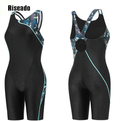 One Piece Swimwear Splice Leg suit Junior Knee skin Women' Competition Swimsuit, bathing Suit with Chlorine Resistant Fabric