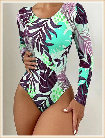 Surf Long Sleeve Swimsuit Women Back Cut Out One Piece Diving Clothes Swimwear Female Printed Bathing Swimming Bodysuit