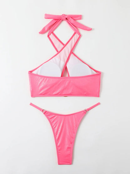 Solid Cross Halter Swimwear Women Hollow Push Up Bikini High Cut Thong Swimsuit Backless Beach Bathing Suit