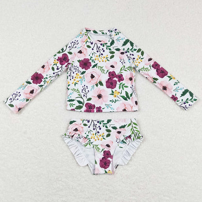 Colourful Designs Baby Girls Swimsuits Long Sleeve One Pieces Swimsuit Summer Fashion Kids Clothes Swimwear Boutique Girls Swim Clothes