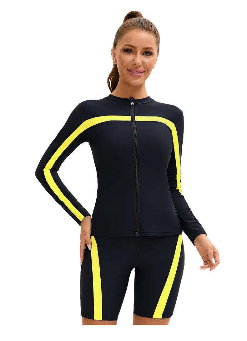 Women's Long Sleeve 3-Piece Swim Set UPF 50+ Rashguard Top High Waist Swim Shorts Full Coverage Modest Swimwear for Diving
