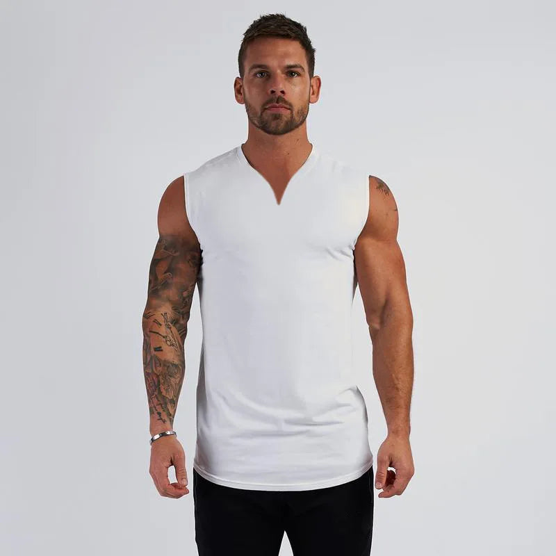 Cotton V-neck Fitness Tank Top Men Summer Muscle Vest Gym Clothing Bodybuilding Sleeveless Shirt Workout Sports Singlets