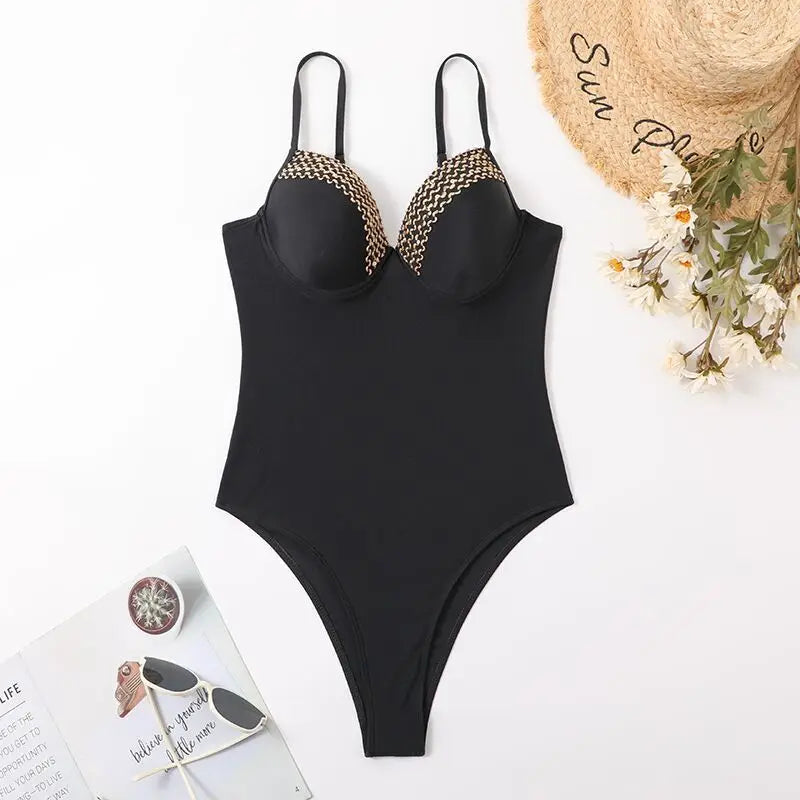 Hi Cut Black Swimsuit One Piece Push Up Swimwear Women Solid Bathing Suit Female Padded Swimming Summer Beachwear Bodysuit