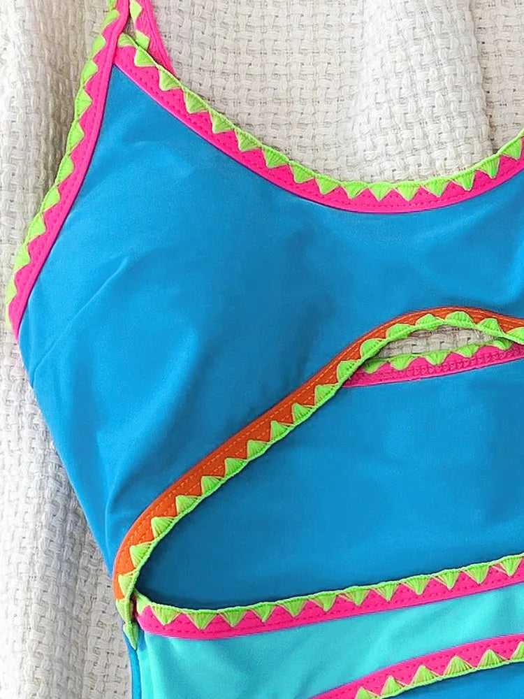 Patchwork Swimwear Women Strapped One Piece Swimsuit Brazilian Lady Monokini Hollow Beach Bathing Suit