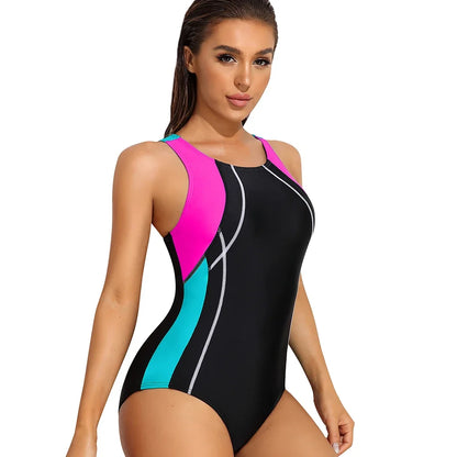 Charmleaks Women Sports One-Piece Swimsuits Racerback Patchwork High Elastic Training Bathing Suit