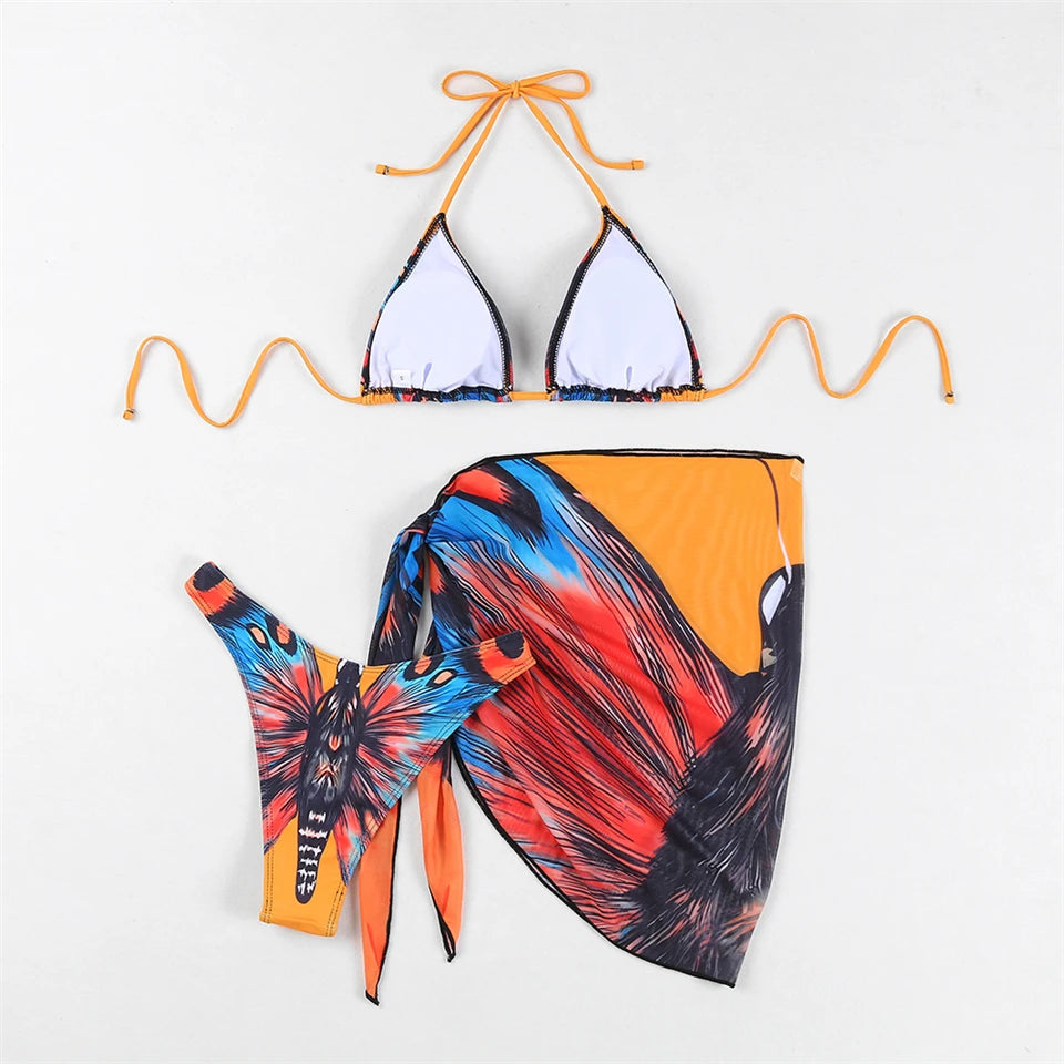 3 Pieces Bikini With Beach Skirt Butterfly Print String Bathing Suit Women Swimwear Female Swimming Swimsuit
