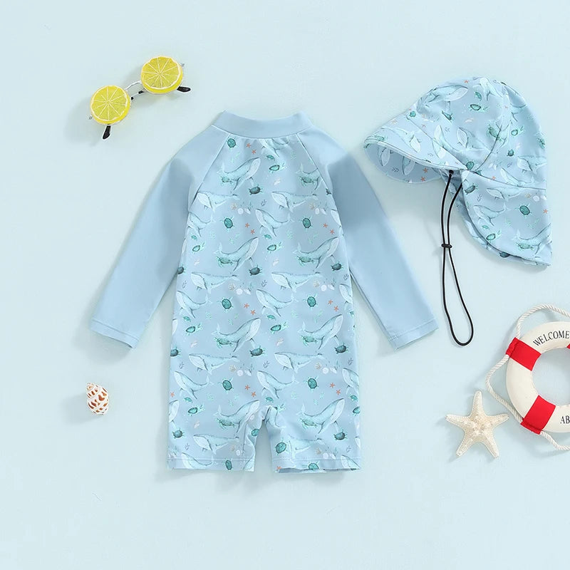 Baby Boy Swimwear Set, Whale Print Long Sleeve Rash Guard Swimsuit Sun Hat Toddler Bathing Suit Outfit 0-3T