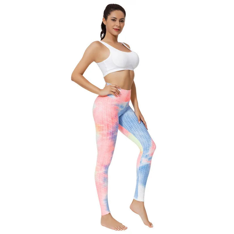 Women's Yoga Pants for Fitness Hip Lifting High Waist Bodybuilding Tight Fitting Jacquard Tie Dye Bubble Pants Leggings