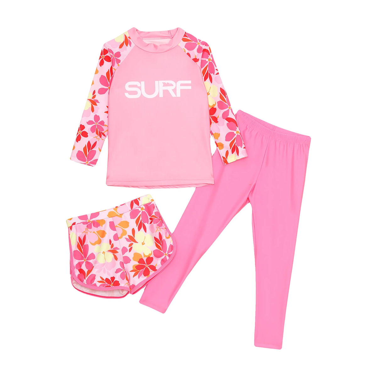 Kids' Three-Piece Long-Sleeve Rash Guard Set with Shorts & Pants