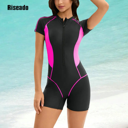 Modest Full Body One Piece Bathing Suit Short Sleeve Tummy Control Swimsuit Zipper Surfing Athletic Rash Guard with Boyshorts