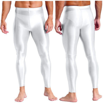 Mens Breathable Pure Color Oil Sports Pants Shiny Metallic Stretchy Casual Leggings Gym Running Workout Fitness Pants Trousers