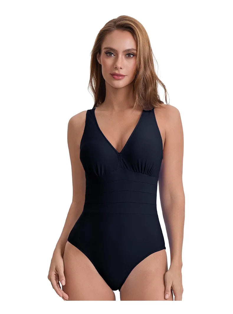 One Piece Swimsuit Women Solid V-Neck Backless Swimwear Rash Guard Triangle Diving Suit High Elasticity Beachwear Bathing Suit