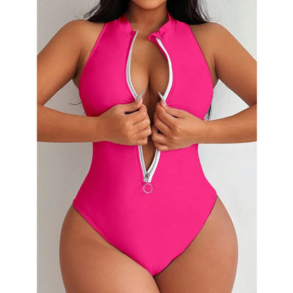 Zipper One Piece Swimsuits Closed Women's Solid Swimwear Sports Swimming Wear Body Bathing Suits Beachwear Pool Bather