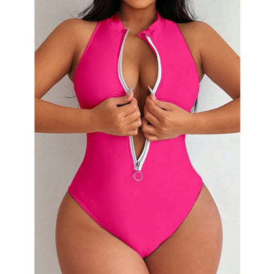 Zipper One Piece Swimsuits Closed Women's Solid Swimwear Sports Swimming Wear Body Bathing Suits Beachwear Pool Bather