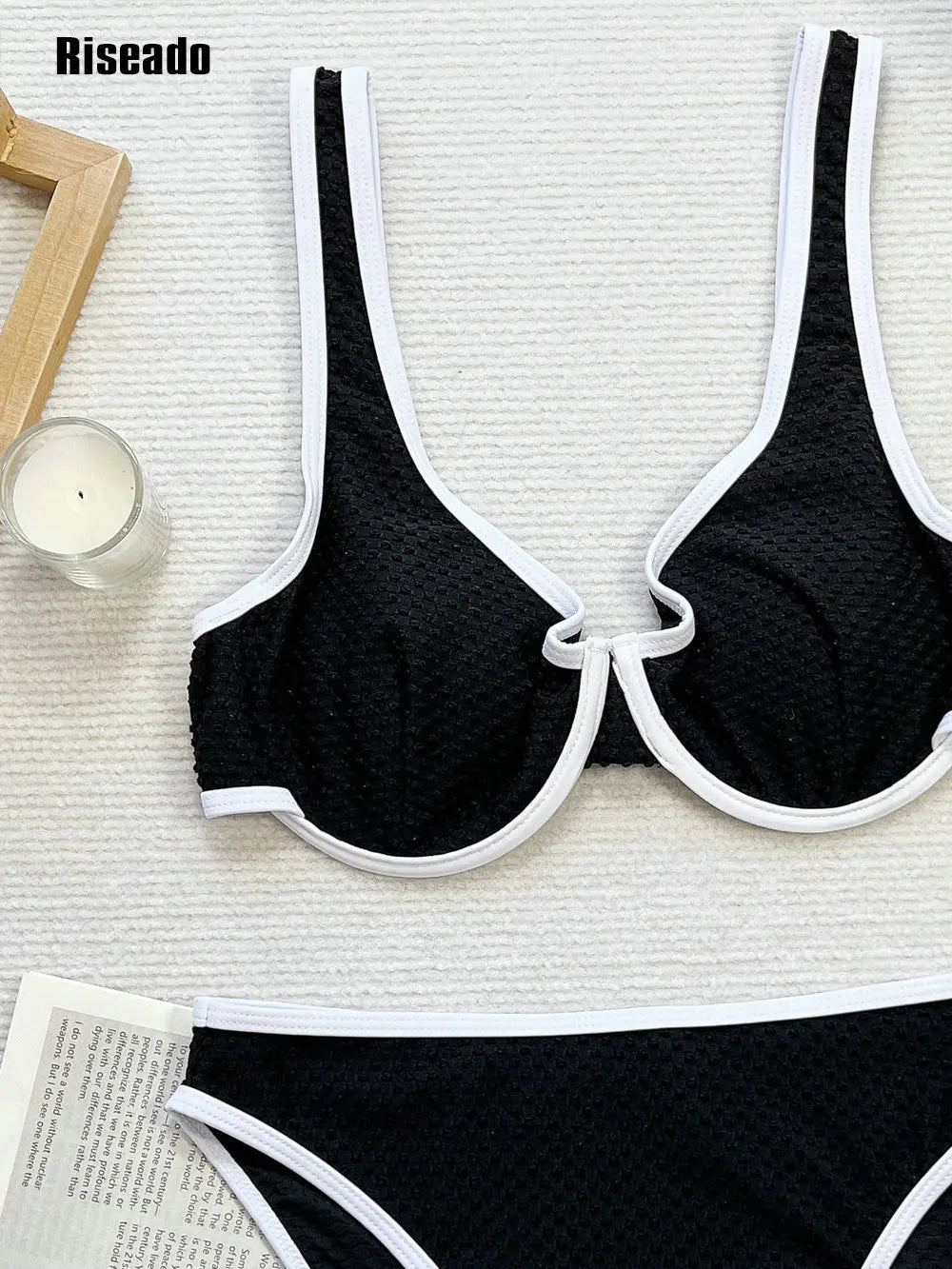 Textured High Cut Push Up Bikini Set with Lace Up Back Padded Two Piece High Waist Swimsuit Swimwear for Women