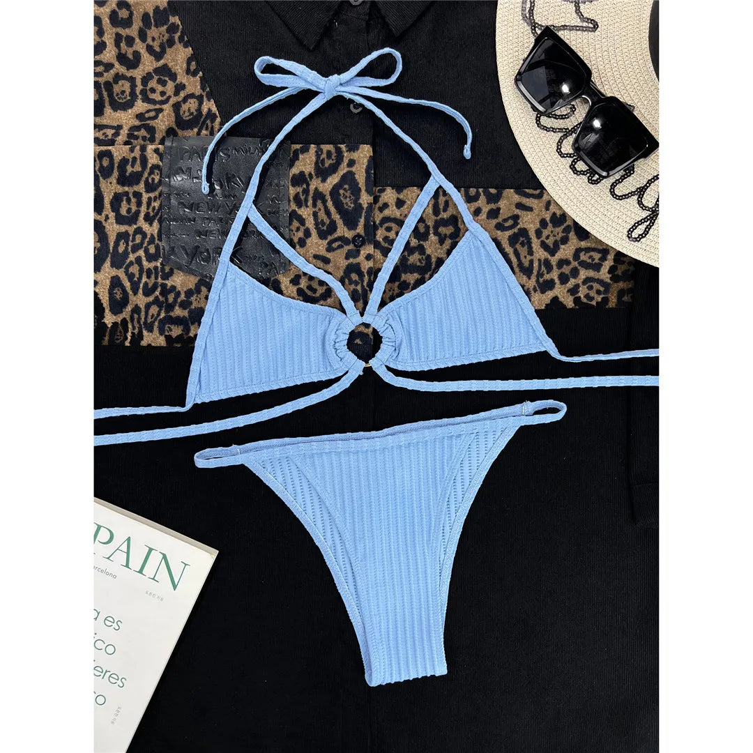 Halter Ribbed High Leg Cut Bikini Women Swimwear Female Swimsuit Two-pieces Bikini set Bather Bathing Suit Swim