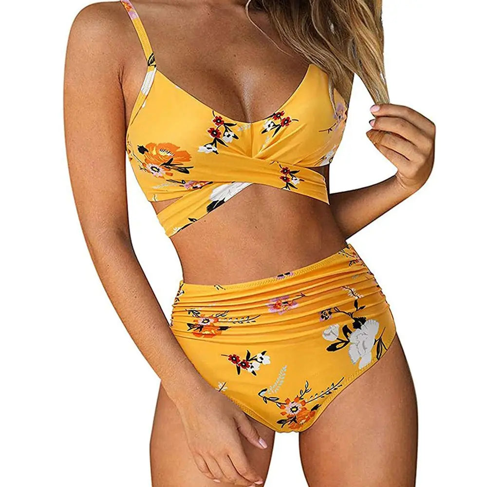 Bikini Two Piece Suit Cross Front Slim High Waisted Bottom Solid/Print Breathable Quick Drying Beachwear