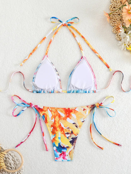 Tie Dye Gradient Mini Bikini Women Halter Push Up Bra Tie Side Thong Swimsuit Beach Pool Holiday Bathing Suit Swimwear