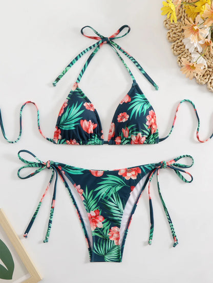 Tie Dye Gradient Mini Bikini Women Halter Push Up Bra Tie Side Thong Swimsuit Beach Pool Holiday Bathing Suit Swimwear
