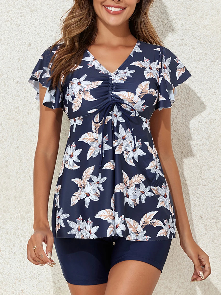 Floral Tankini Two Pieces Ruffle Swimsuit Women With Shorts High Waist Swimwear Female Bathing Suit Mayo Beach Bathers