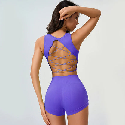 Yoga Sets Women Outfits Fixed Cup Tank Top Side Pleats Mini Shorts 2Pcs Set Female Tracksuit