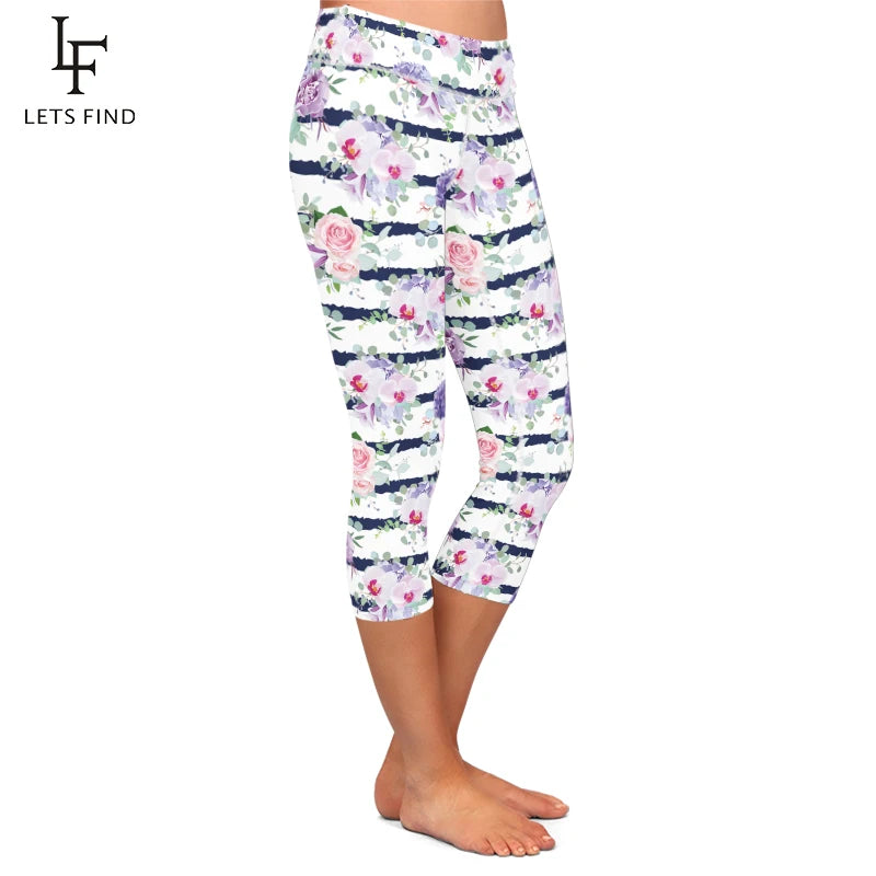 High Elastic Capri Leggings High Waist Flowers Print  Mid-Calf 3/4 Stretch Women Leggings for Summer