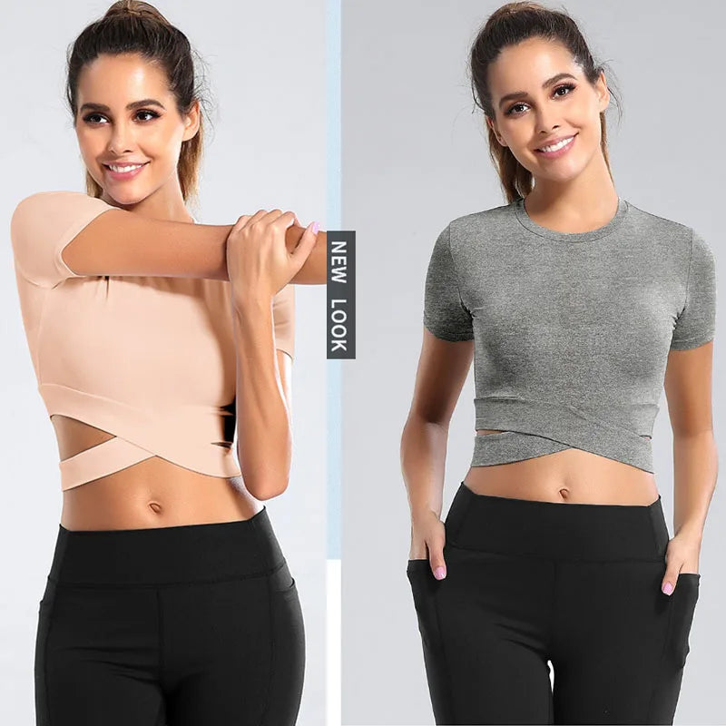 Aiithuug Waist Yoga Short Sleeve Crisscross Waist Breathable Gym Shirts Sports Tops Workout Fitness Crop Top Yoga Top