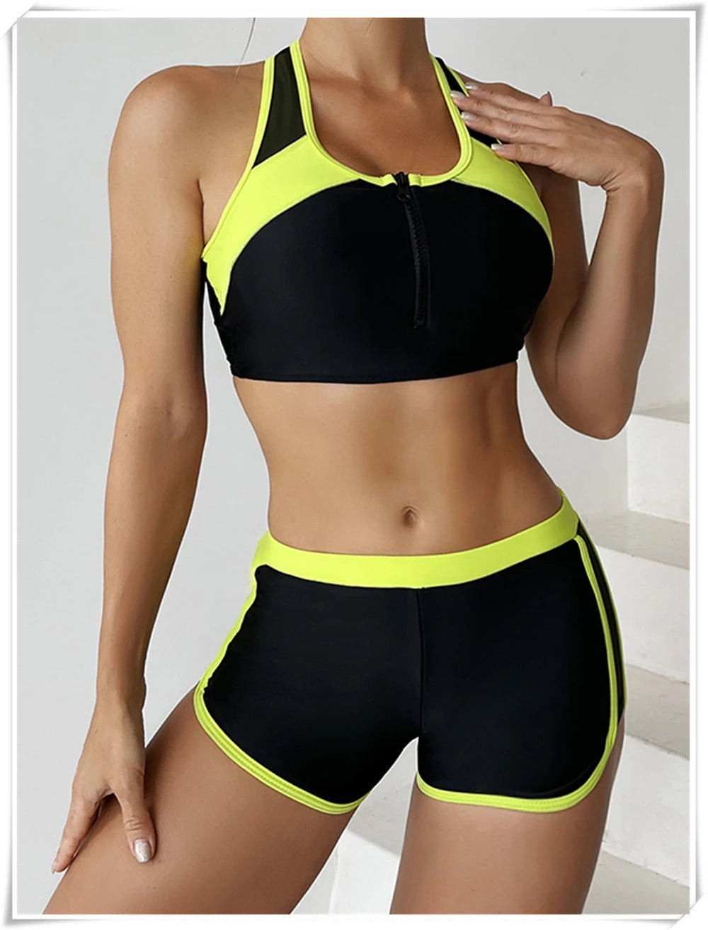 Two Piece Swimsuit Women Zipper Tankini Set High Waist Shorts Swimwear Female Bathing Swimming Suit Sports Beachwear Summer
