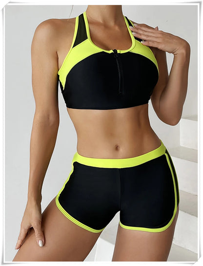 Two Piece Swimsuit Women Zipper Tankini Set High Waist Shorts Swimwear Female Bathing Swimming Suit Sports Beachwear Summer