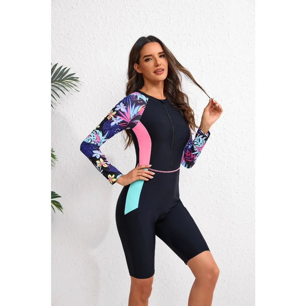 Women's Long-Sleeve One-Piece Rash Guard Wetsuit Print Beach Swimsuit Sports Swimwear Sun Protection Surfing Suit