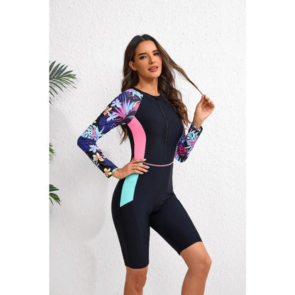 Women's Long-Sleeve One-Piece Rash Guard Wetsuit Print Beach Swimsuit Sports Swimwear Sun Protection Surfing Suit