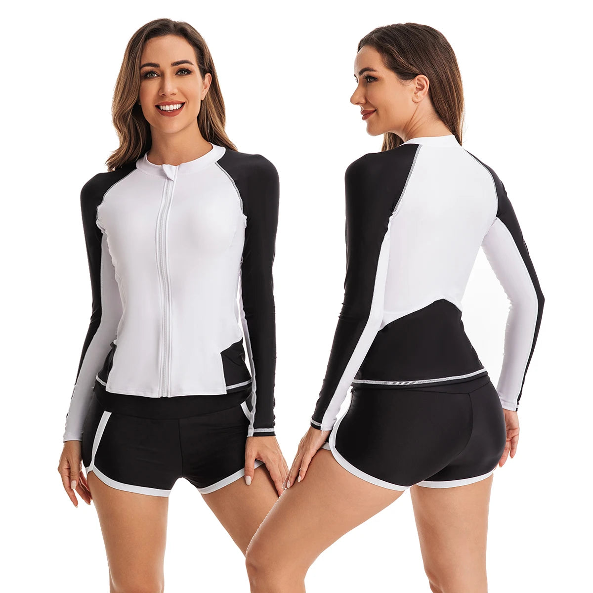 Long Sleeve Swimsuits for Women Two Piece Rash guard Bathing Suit Zip Up Padded Shirt UV Protection Tankini Tops & Bottoms
