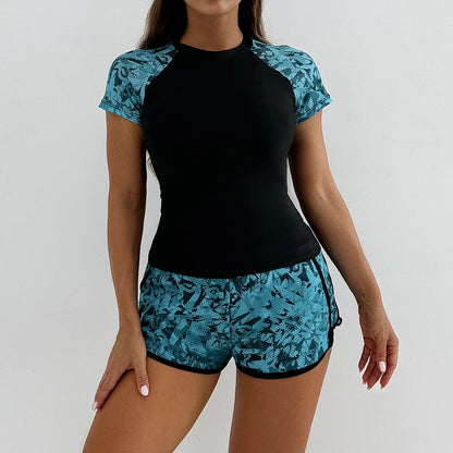 Rash Guard Swimsuit for Women 2 Piece Swimsuit High Waist Tankini Short Sleeve Round Neck Patchwork Bikini Set Swimwear