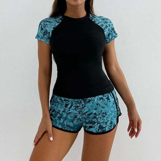 Rash Guard Swimsuit for Women 2 Piece Swimsuit High Waist Tankini Short Sleeve Round Neck Patchwork Bikini Set Swimwear