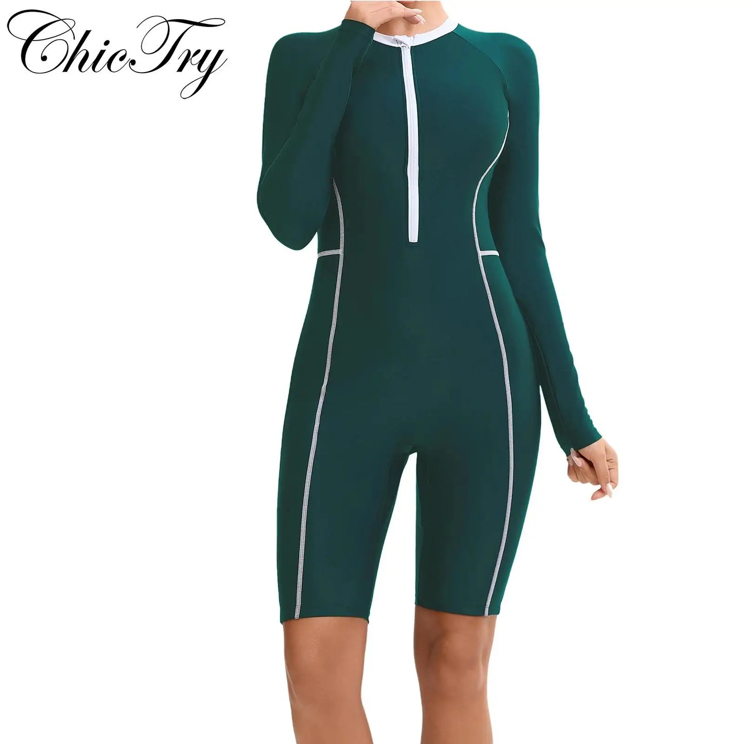 Womens Swim Leotard Long Sleeve One-Piece Swimsuit Surfing Swimwear Bathing Suit Front Zipper Jumpsuit for Summer Holiday Pool