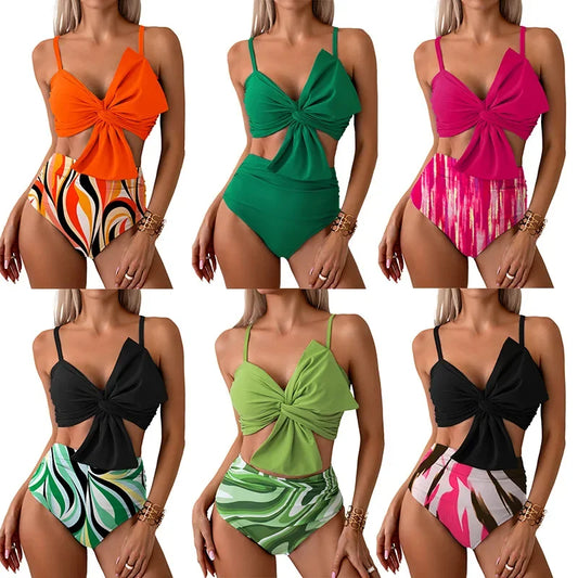 Women Flower Printed Separated Bikini Set Fashion Bow Tie Style High Waist Swimwear Shorts Beach Wear
