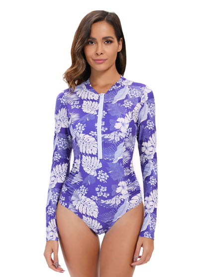 Floral Print Long Sleeve Rash guard Women's Surf One-Piece Swimsuit with High-Cut Leg UPF 50+